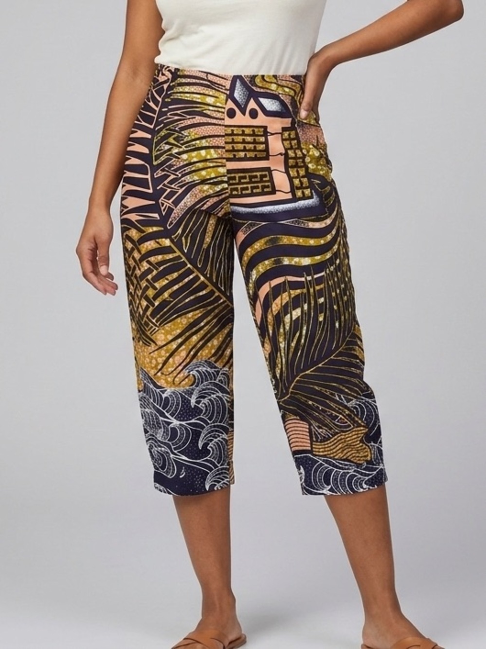 Tropical African Ankara Print Cotton Capri Pants - M, handmade!
